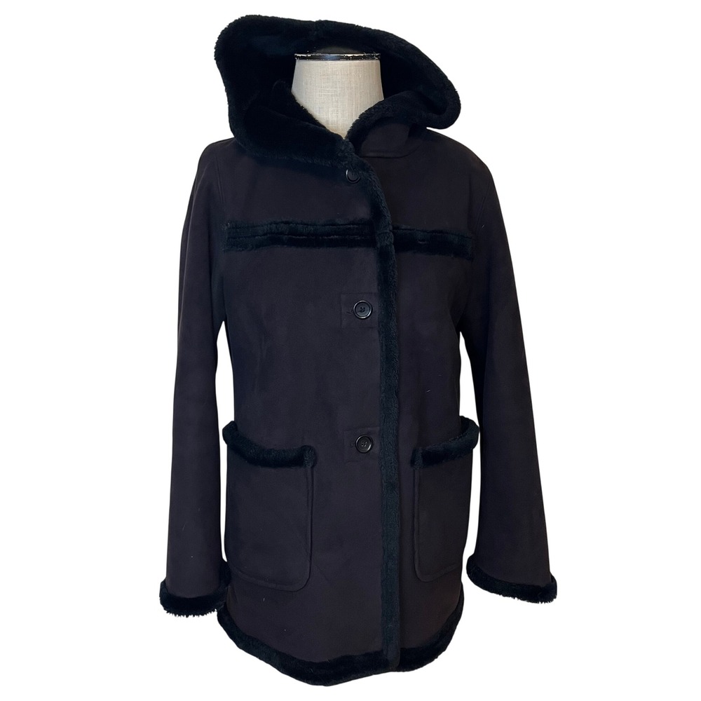 Comme Ca Ism Japan Women's Black Long Sleeve‎ Faux Leather/Fur trim Coat Size M